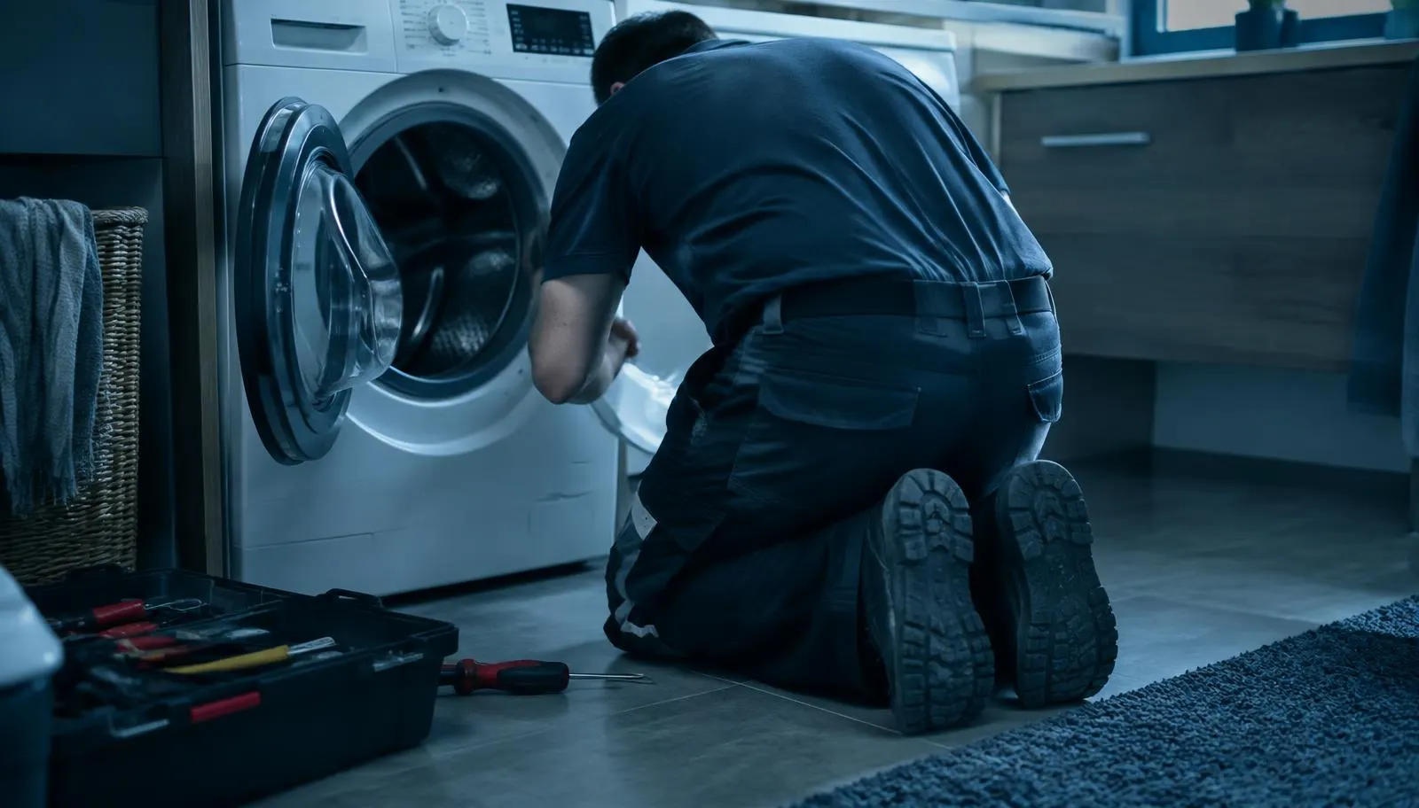 Técnico realizando manutenção em lavadora na residência