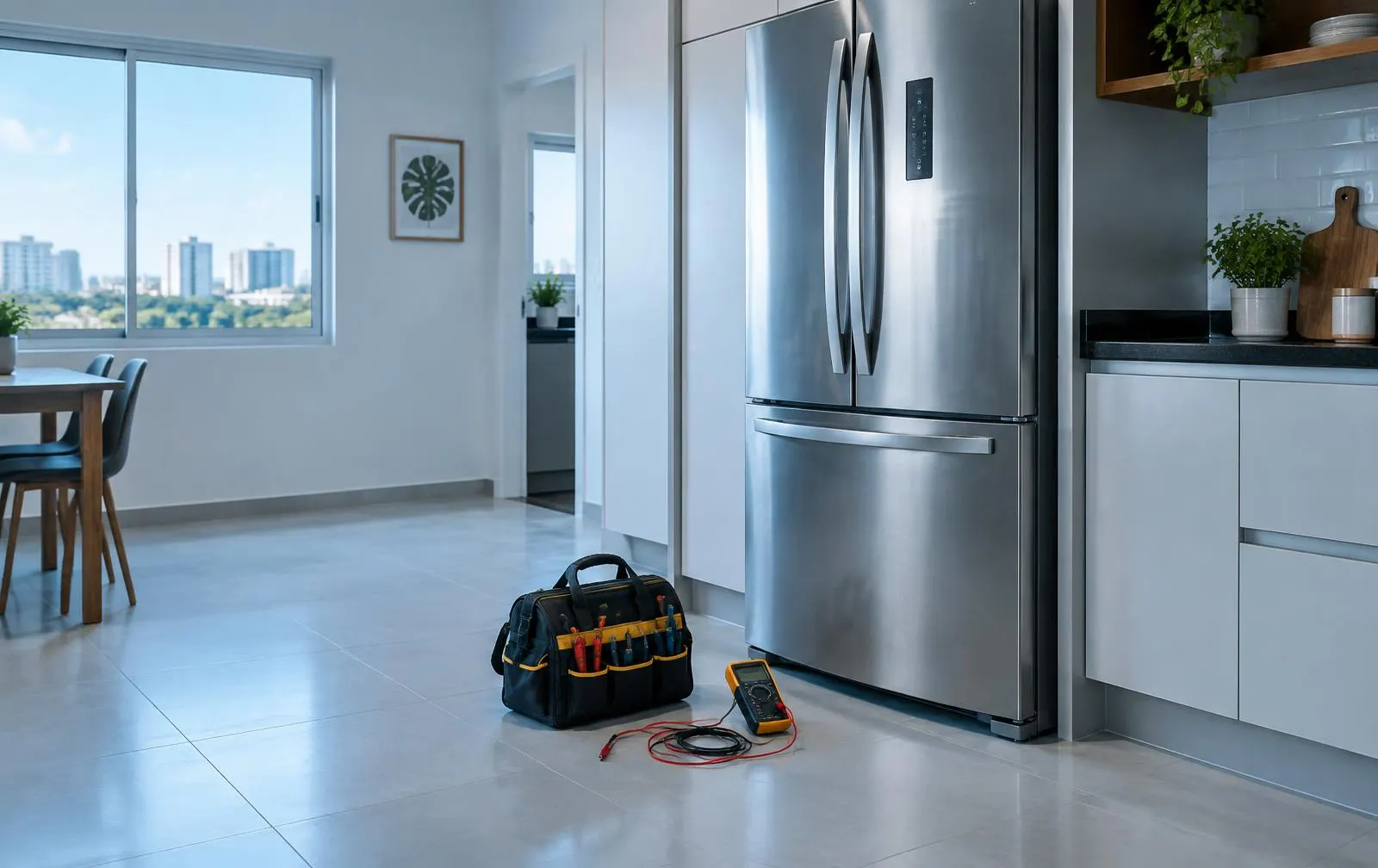 Geladeira em cozinha residencial com ferramentas de assistência técnica