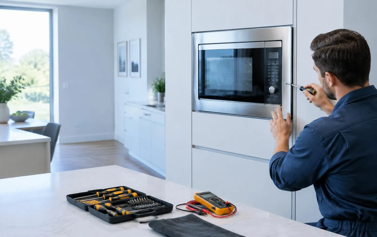 Micro-ondas embutido em cozinha residencial durante atendimento técnico